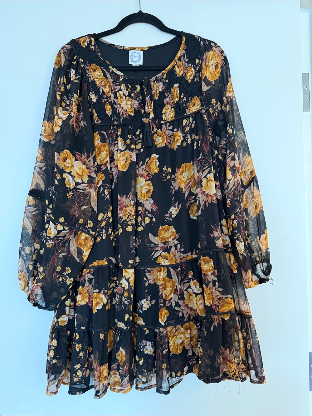 Blue Rain Black Floral Tiered Chiffon Dress with Yellow Roses
